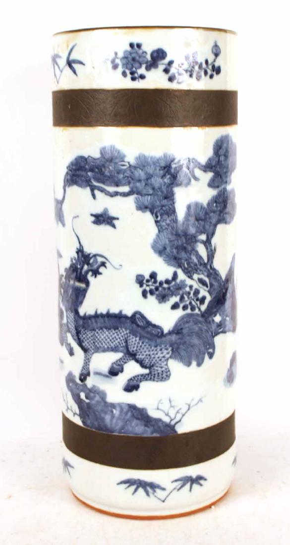Chinese Blue and White Porcelain Umbrella Stand: 20th C., with dragon motif. 22-1/2"h x 9"dia.