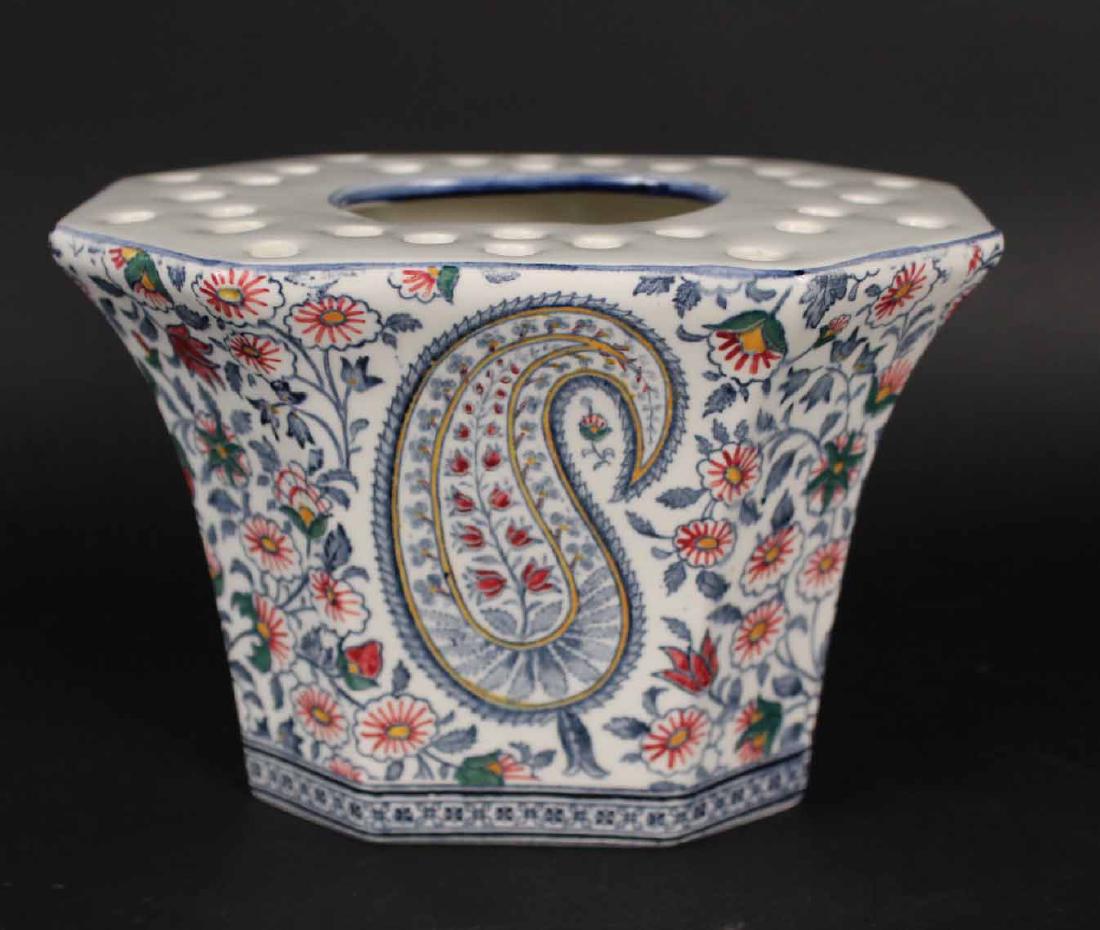 Gien, France Porcelain Cache Pot: Tapering hexagonal form, floral polychrome decoration. 4-1/4"h x 5-1/4"l Wertheimer Estate at Ranshofen, Brannau, Austria.
