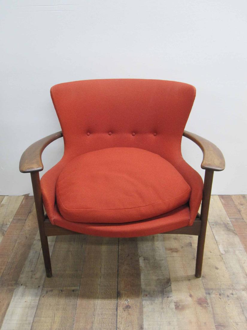 DANISH MODERN SELIG BARREL CHAIR: Having red upholstery and single cushion. 29" high x 32 1/2" wide