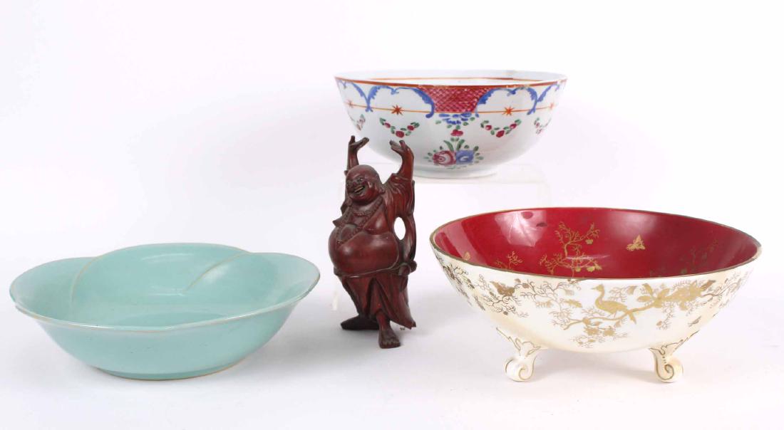 CHINESE PORCELAIN BOWL AND CARVED WOODEN BUDDHA (1 of 5)