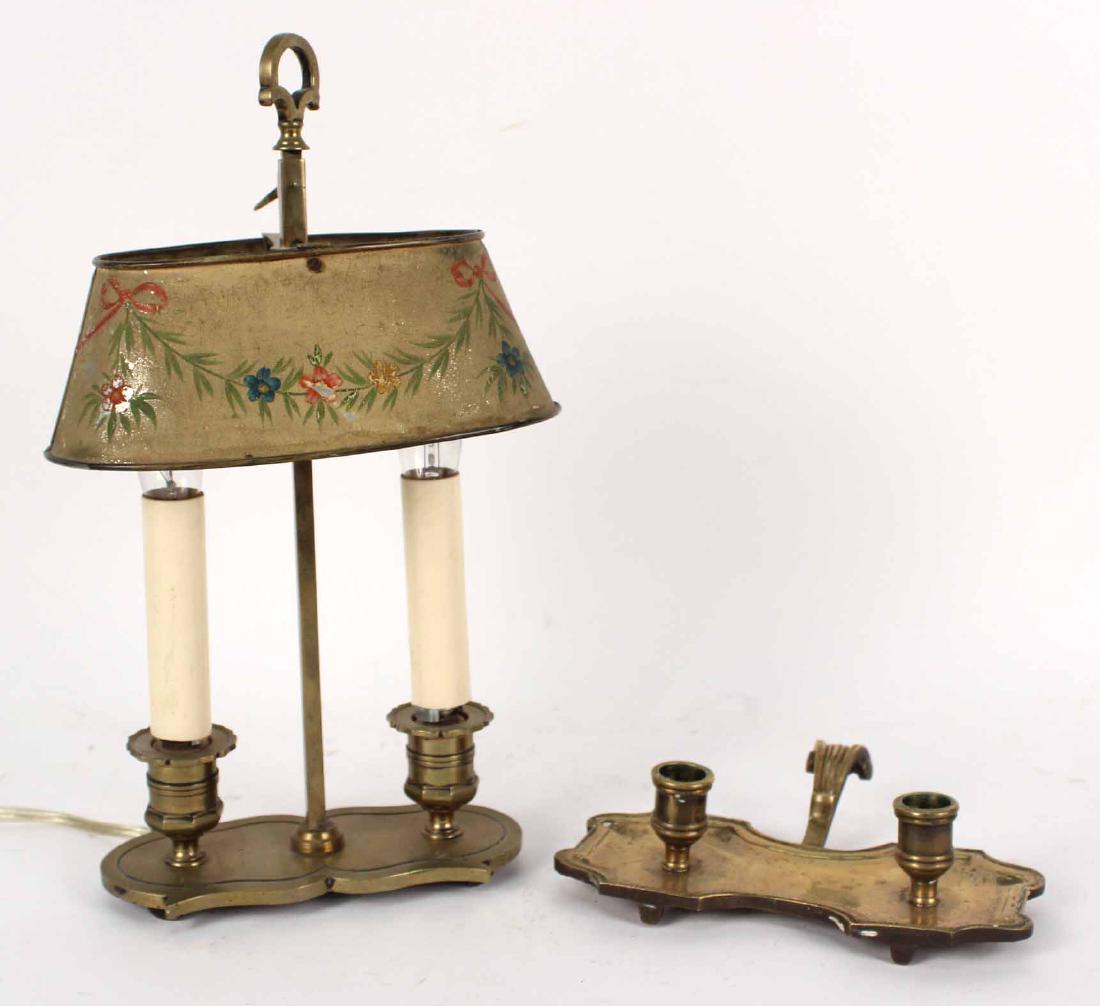 BRASS TWO LIGHT BOUILLOTTE LAMP WITH TOLE SHADE (1 of 5)