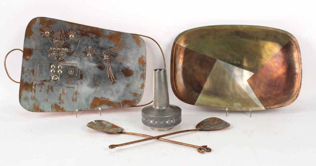 ASKEL HOLMSEN MID CENTURY PEWTER VASE: Made in Norway. Together with a Metales five metal Mexican tray and a pair Isreali R and M copper servers and a Yaad Isreali copper platter. 7"h