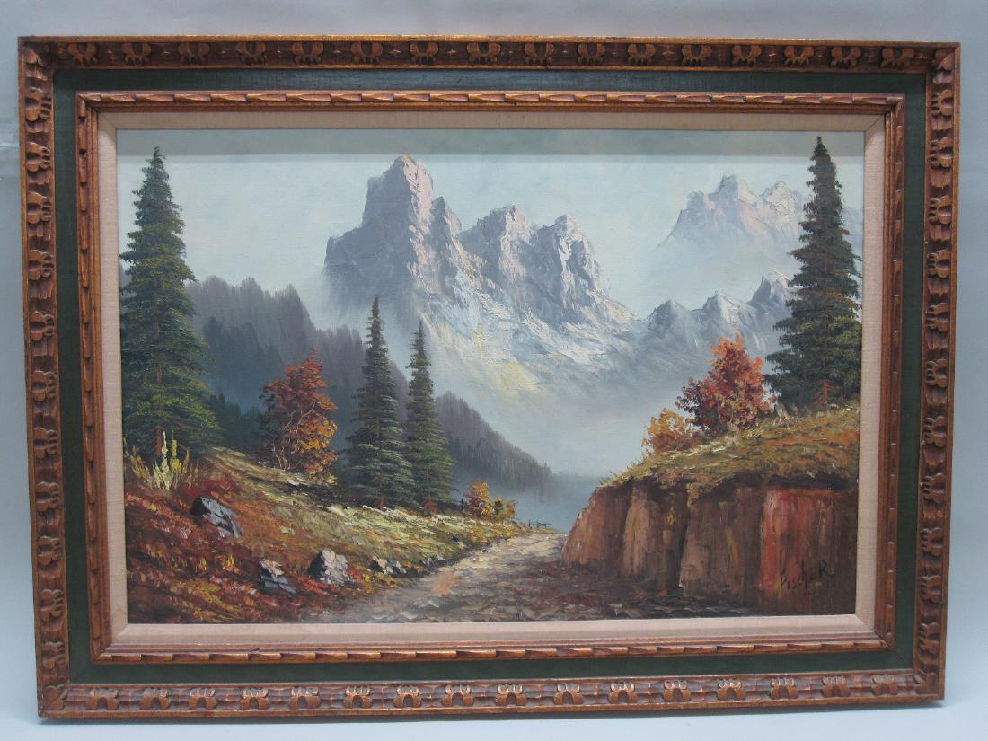 OIL ON CANVAS SWISS MOUNTAIN LANDSCAPE: Signed lower right Fischer. framed size 32" x 44"