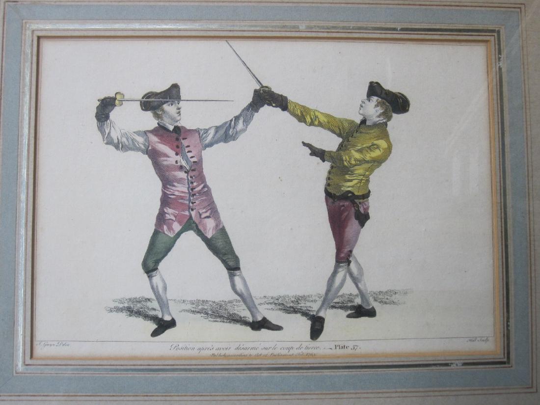 TWO COLORED FRENCH ENGRAVINGS OF MEN FENCING (1 of 6)