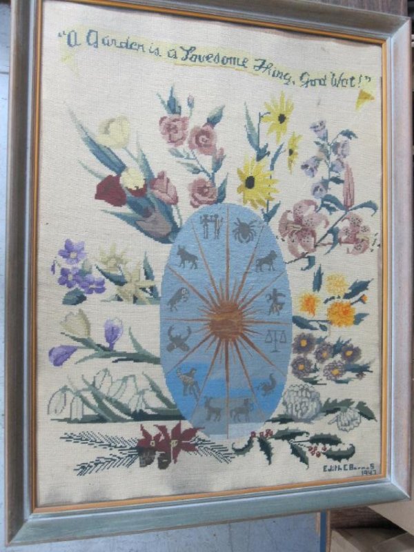 FRAMED NEEDLEWORK OF THE ZODIAC (1 of 3)