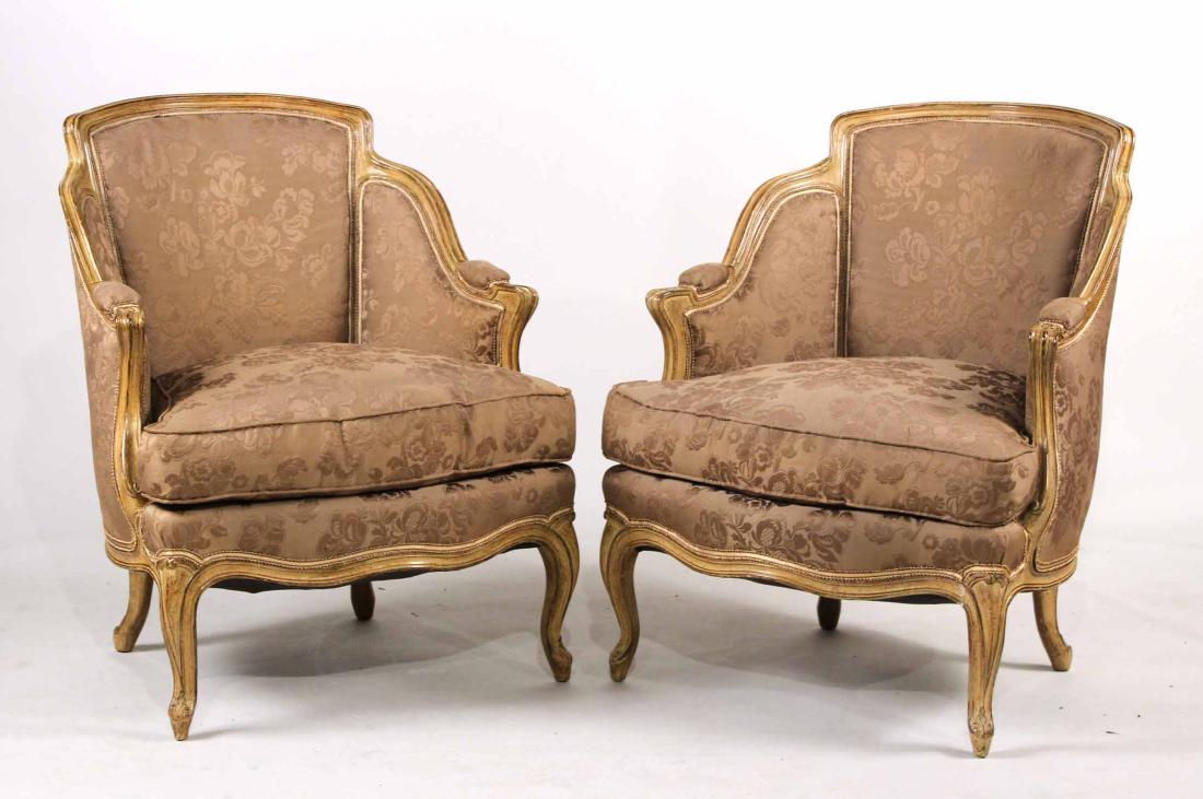 PAIR OF LOUIS XV STYLE PAINTED BERGERES: 20th C., with brown damask upholstery. 34"h x 26-1/2"w x 27"d