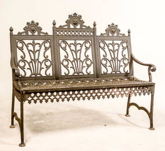 Cast-Iron Garden Bench: Signed "John McLean Maker, New York." 37-1/2"h x 46"l