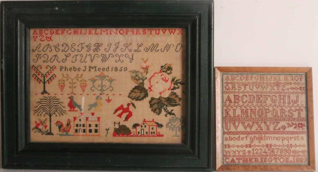 Two Red Samplers: 1859 and 1882. Wrought by "Phebe J Meed" including a rooster and by "Cathering Toll". 10"h x 14"w