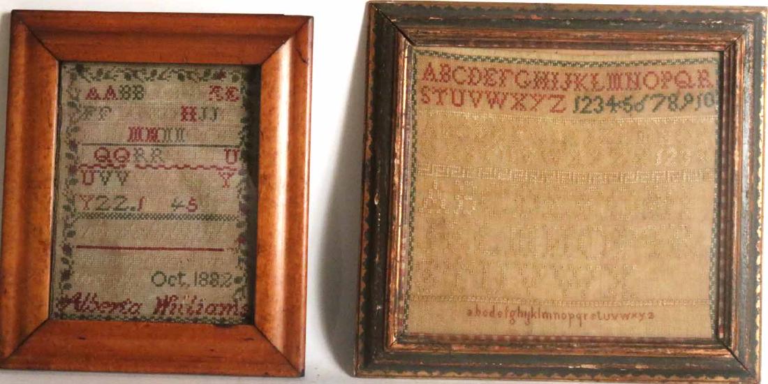 Two Red Samplers: Wrought by "Alberta Williams, 1882" and the second is unsigned. 11"h x 11"w