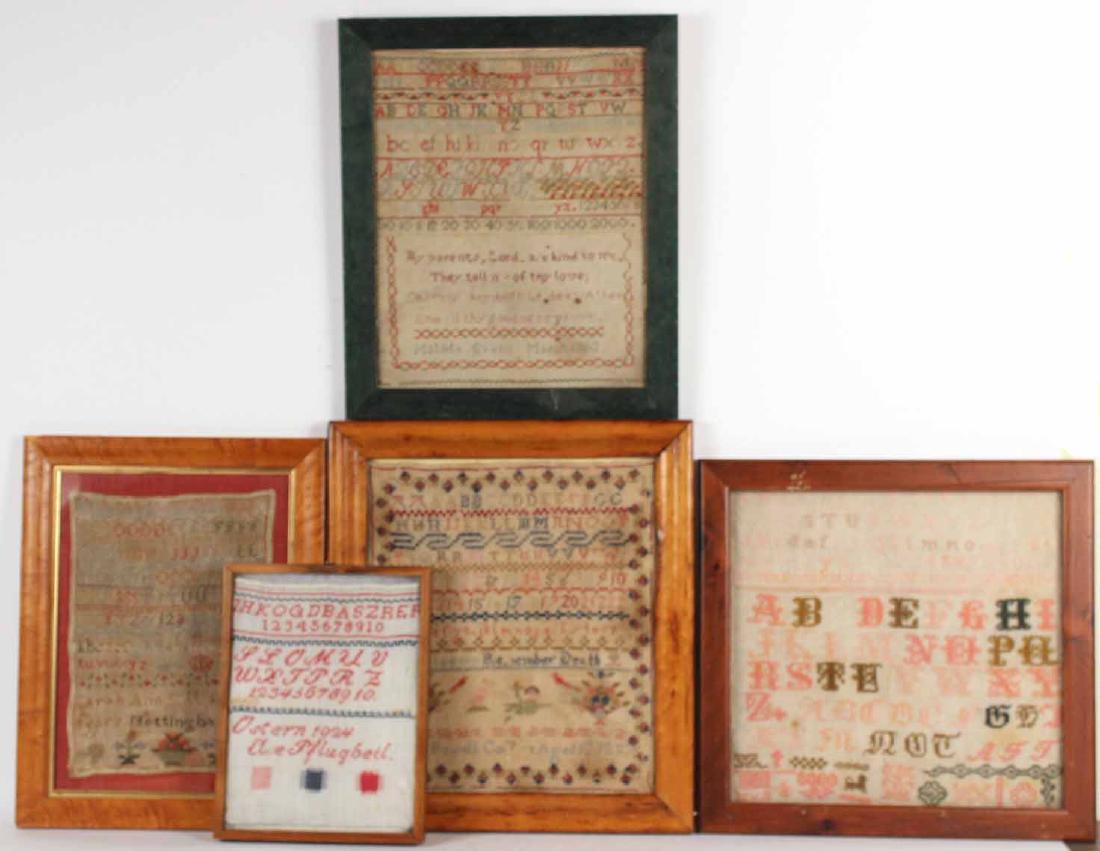 Five Framed Samplers: Including: Else in 1912, Nottingham in 1842, Mary Powell Cail in 1857, and Matilda Evans in 1862. 15"h x 13"w