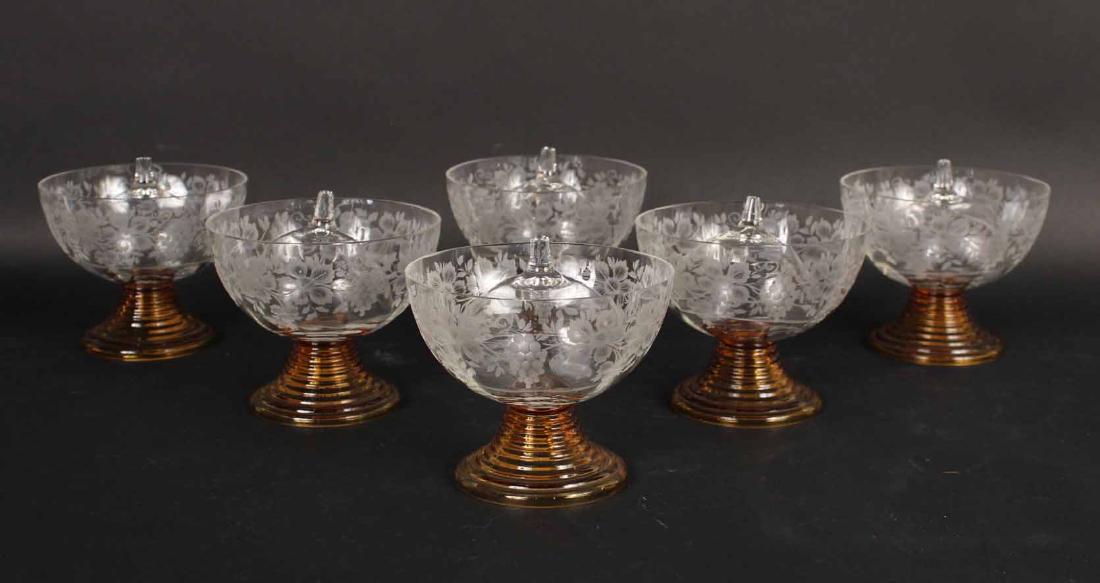 Six Amber & Etched Glass Shrimp Cocktail Glasses: 20th C. 4-1/4"h x 5-1/4"w