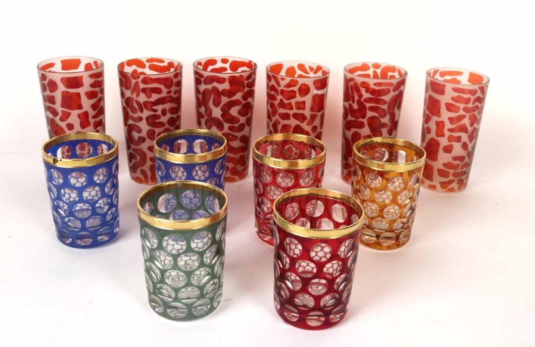 Six Color to Clear Gilt Rimmed Tumbler Glasses: Underside etched "MP" inside a heart. Comprising two blue, two ruby one amber and one olive green. Together with six frosted amber tall tumbler glasses and three Vaseline glass tumblers 15 pieces 4 1/