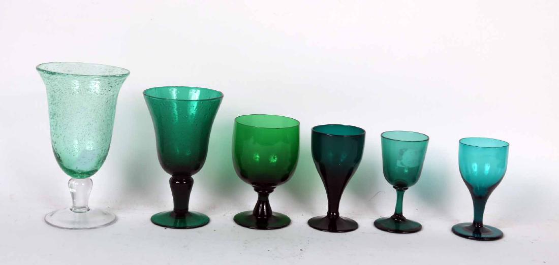 Group of Green Glass Goblets and Wine Glasses: Including Bristol examples. Apx. 50 pieces. Tallest 7 3/4"h. Property from the Collection of Phillips Hathaway, Ragamont House, Salisbury, CT.