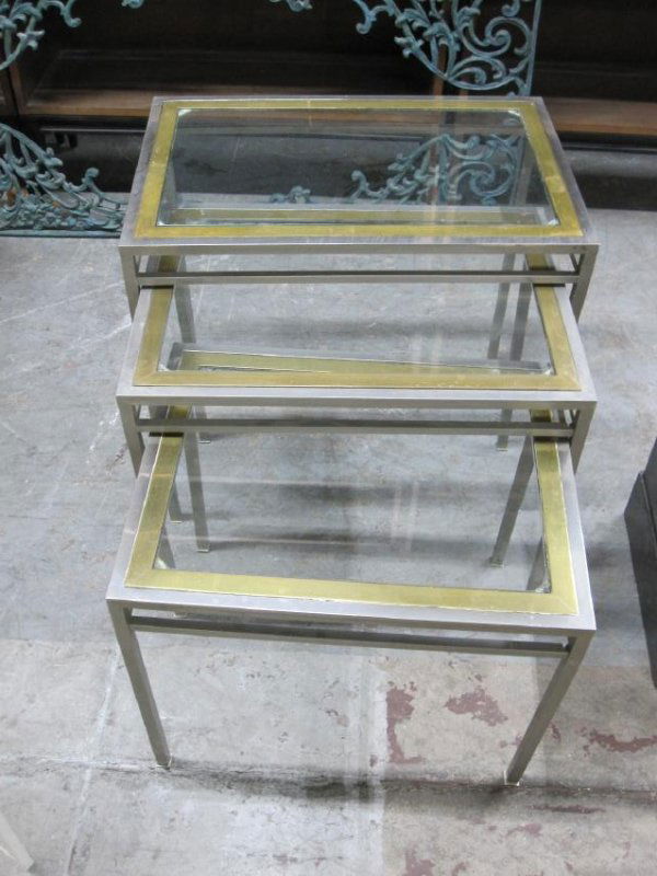 SET OF THREE STEEL AND BRASS NESTING TABLE (1 of 3)