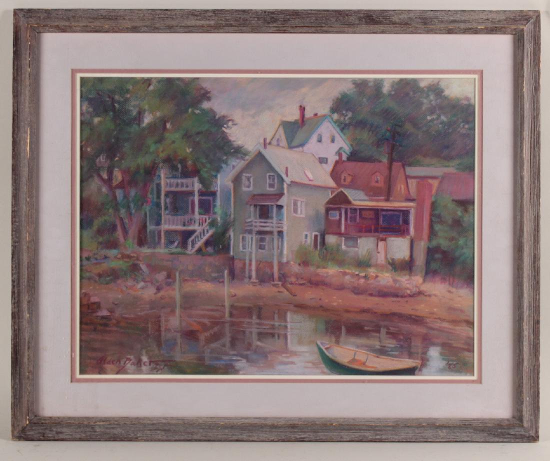 PASTEL, HOUSES ON POND, ALDEN BAKER: (American, b. 1928), signed l.l. "Alden Baker." Sight size: 18"h x 24"w