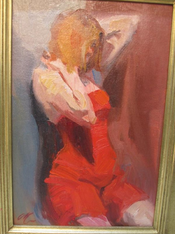OIL ON BOARD OF FEMALE STUDY IN RED DRESS (1 of 4)