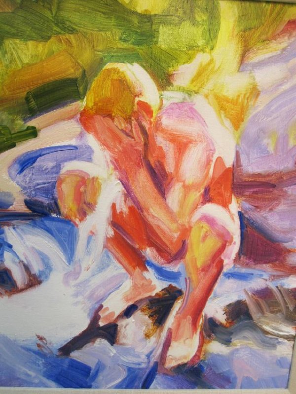 OIL ON CANVAS OF NUDE MAN BY WILLIE CHAMBERS: Titeld "Splash of water 1996" on verso M. W. Chambers. sight size 14" x 12"