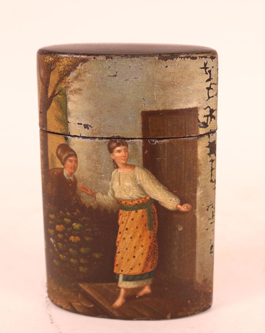 Russian Antique Cylindrical Lacquer Box: Paint decorated with two figures and stamped on the interior. Late 19th/20th C. 4.5"h x 3"w