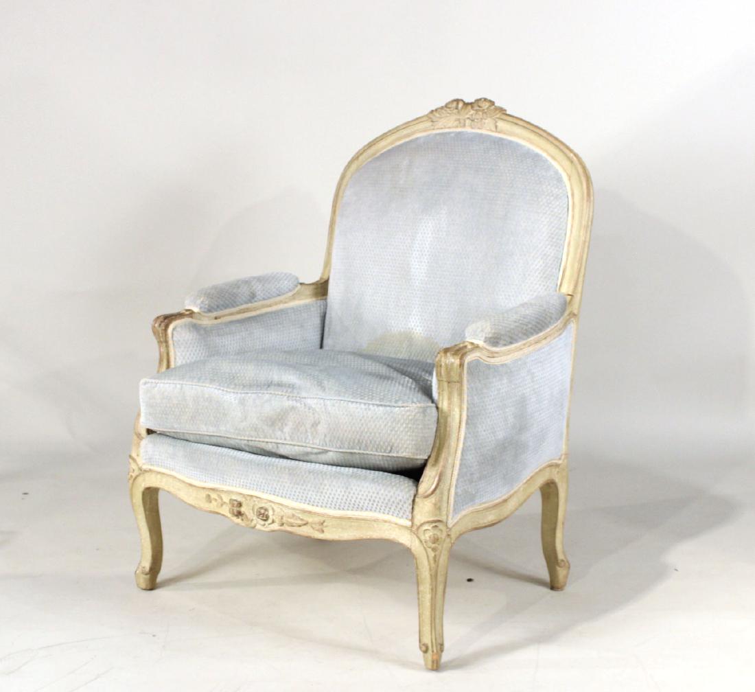 Louis XV Style White-Painted Bergere: 20th C., with blue-upholstery. 40-1/2"h x 31"w