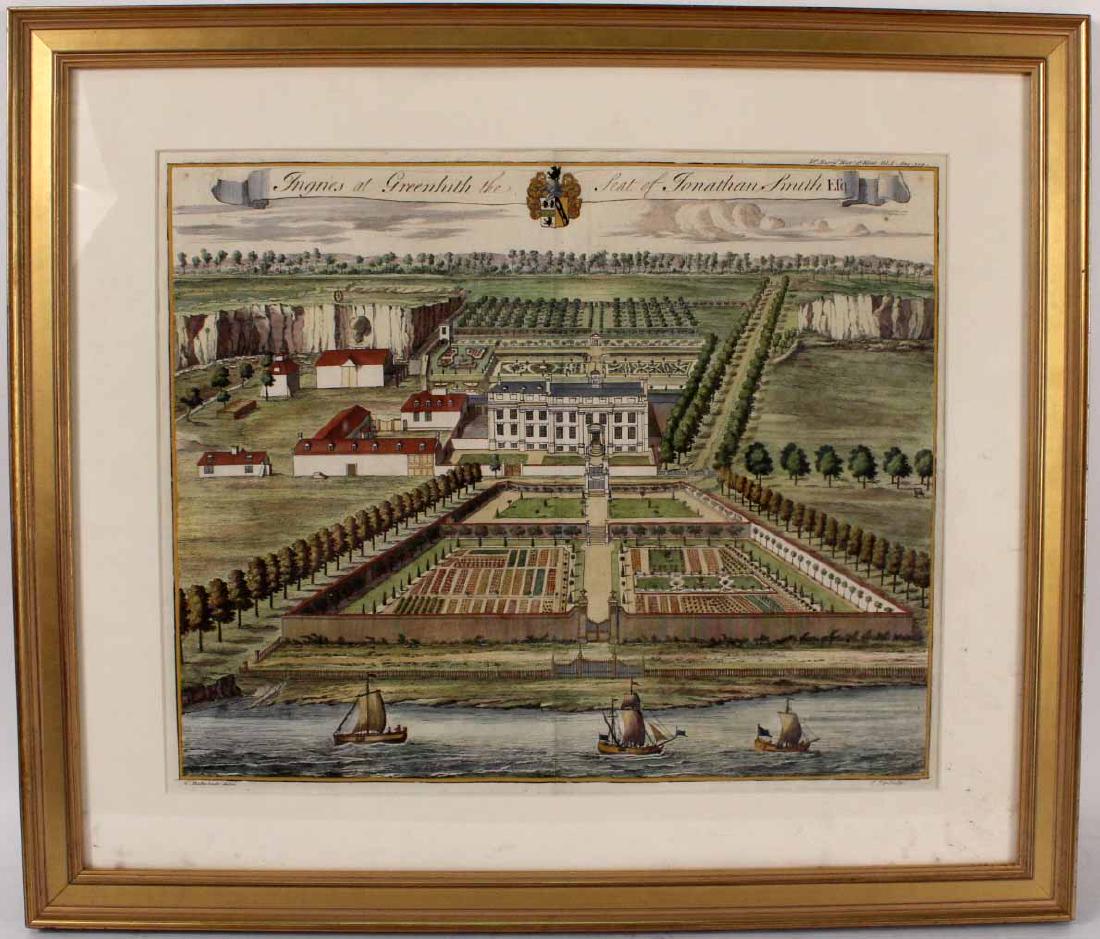 Lithograph, English Manor and Gardens: After Thomas Badeslade, titled "Ingries at Greenhith the Seat of Jonathan Smith, esq." Sight size: 14"h x 17"w