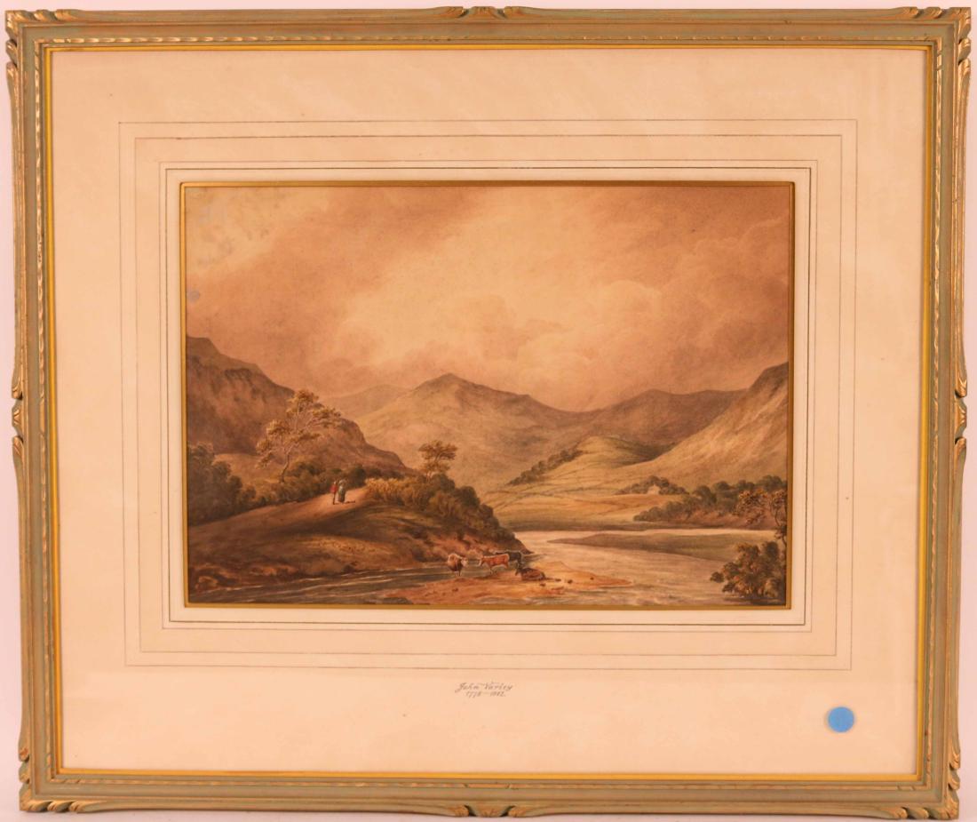 Watercolor, John Varley, Landscape: (British 1850-1933) 12"h x 16.5"w