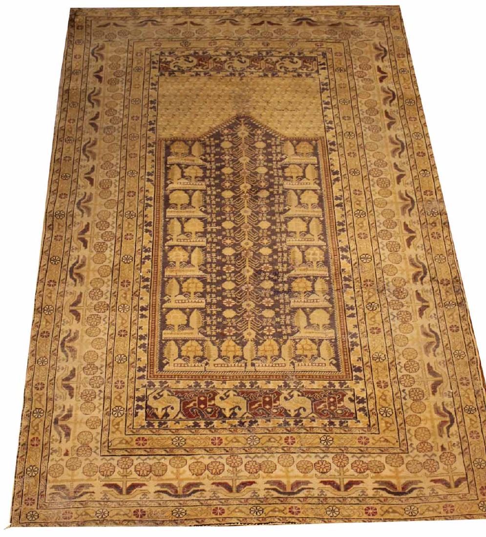Caucasian Prayer Rug in Tans and Creams: Tulip/floral border with center tree motif. 5'8" x 46"