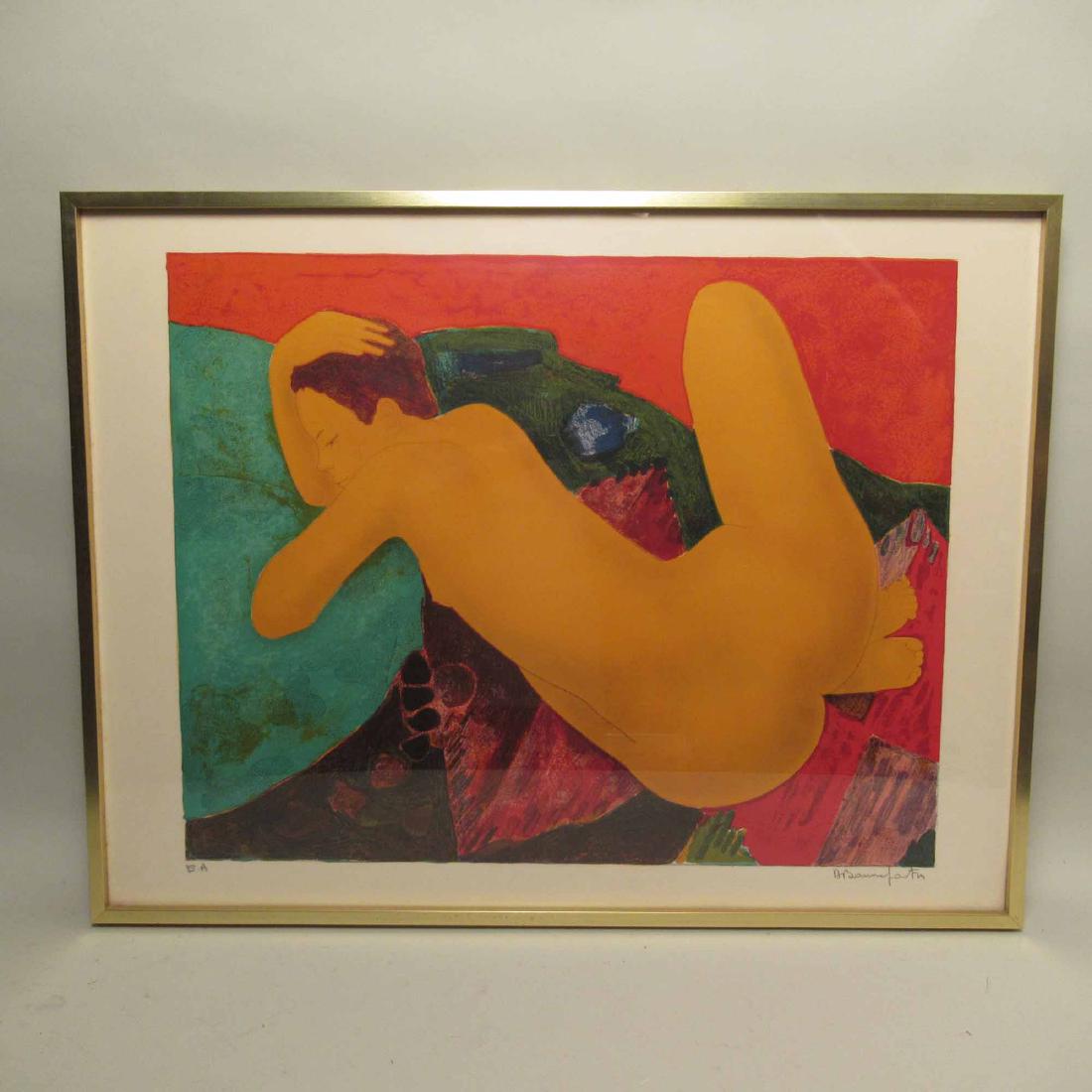 COLORED NUDE PRINT OF RECLINING WOMAN: Signed lower right illegibly. Framed size 26 3/4" x 35"