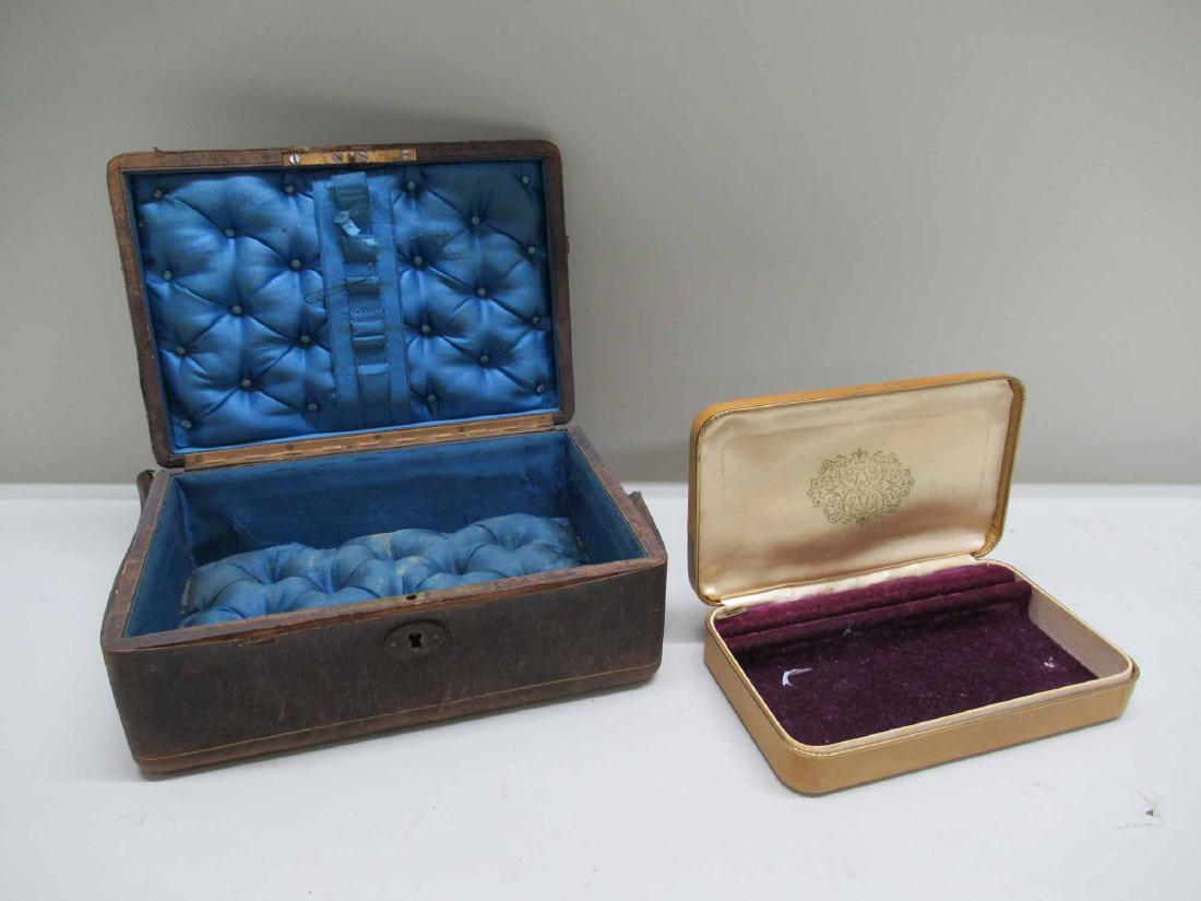 LEATHER SEWING BOX AND A JEWELRY BOX: 4"h