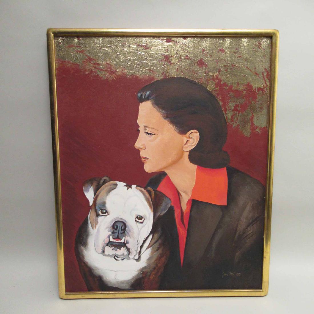 OIL ON CANVAS, JANE PITTS, BULLDOG: Portrait of a bulldog with woman. 1977. Frame size 31" x 25"w