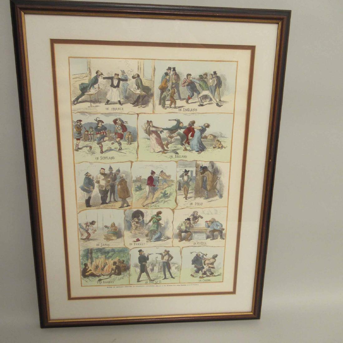 COLORED ENGRAVING OF DISPUTES: " Modes of Settling disputes in different country`s ". Framed size 21 1/2" x 28 3/4" tall