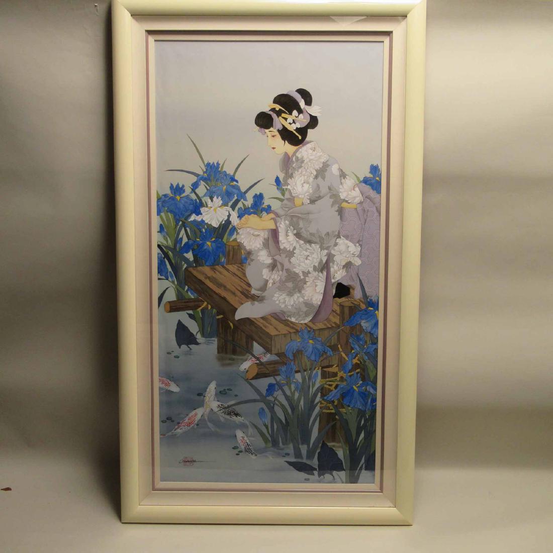 CAROLINE YOUNG PAINTING ON SILK: Of Geisha signed lower left. Framed size 54" x 31"
