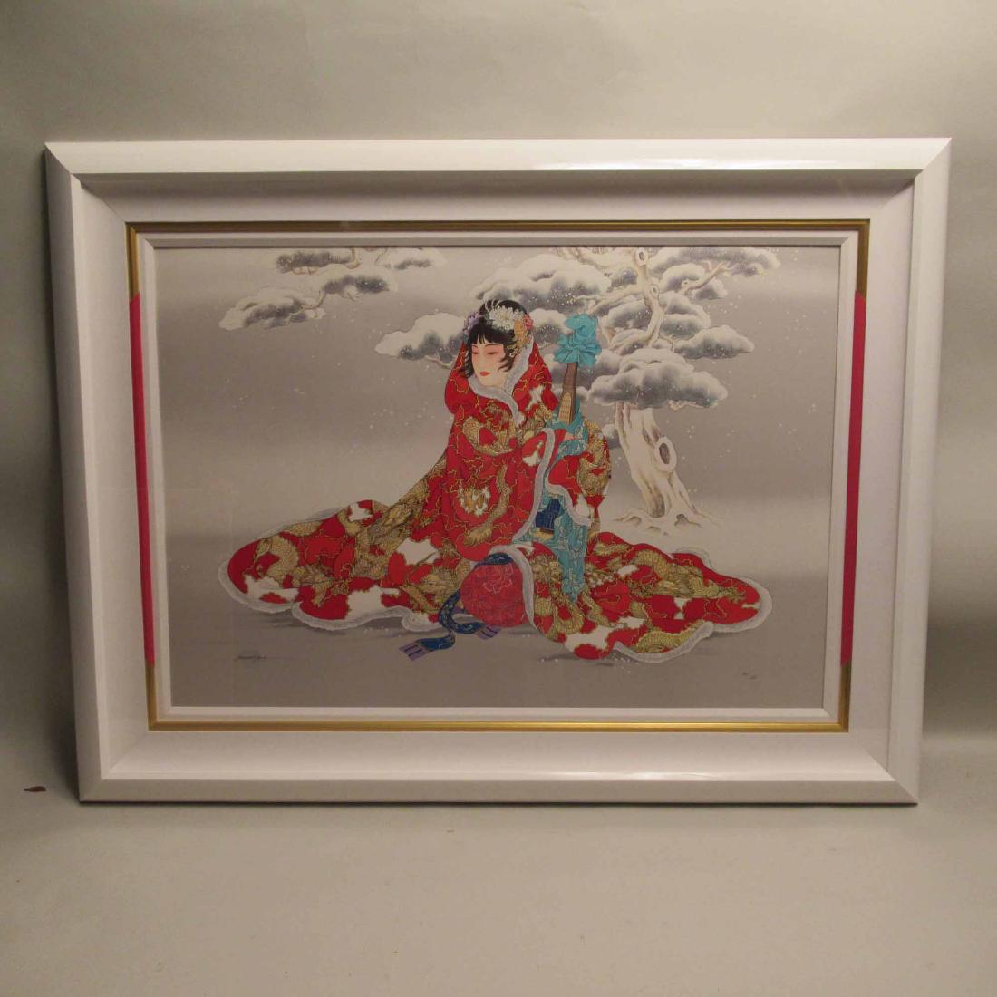 CAROLINE YOUNG LIMITED EDITION GICLEE: Of woman in winter signed lower left. Numbered 247/300. Framed size 48" x 37"