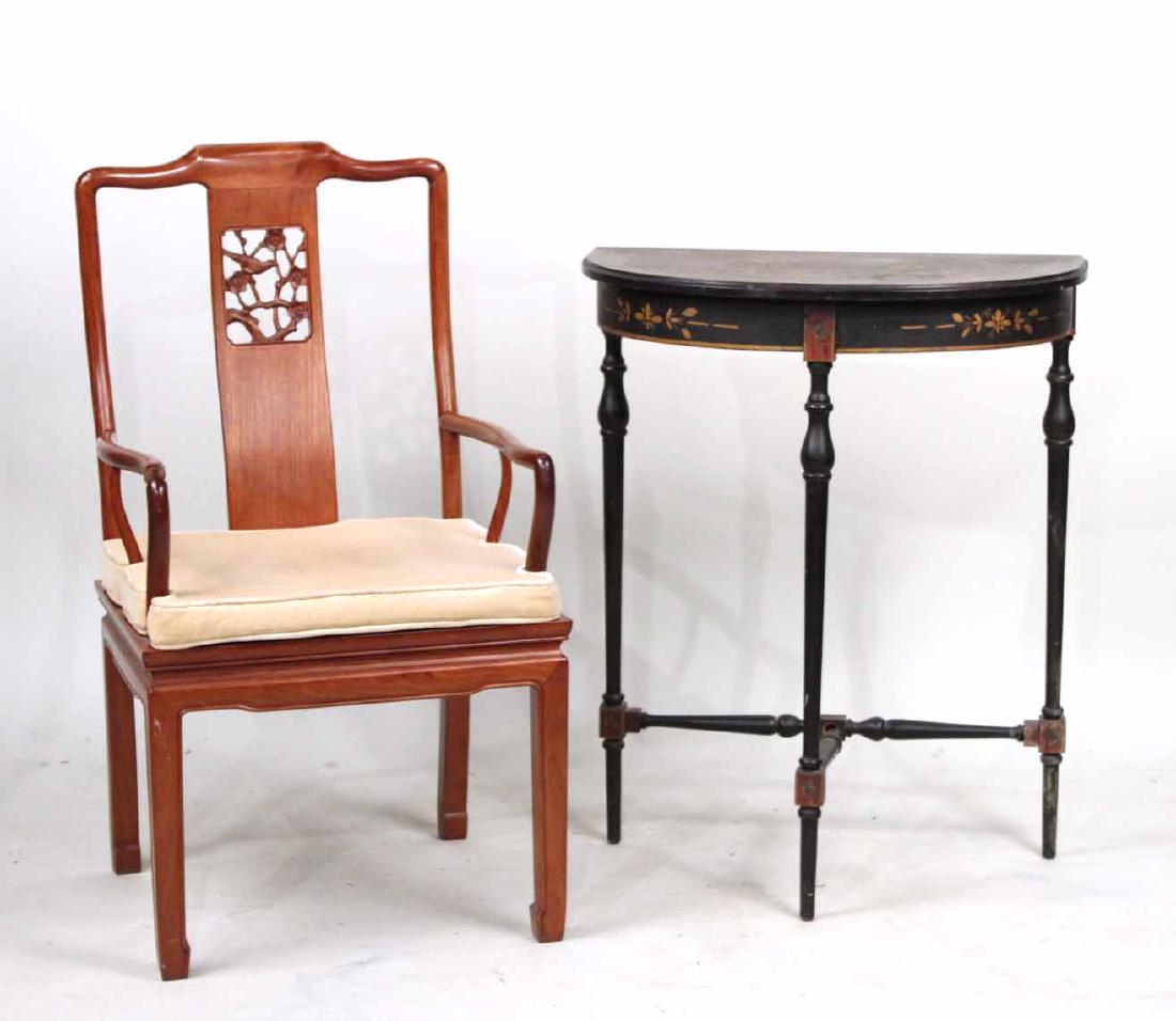 CHINESE STYLE HARDWOOD ARMCHAIR: 20th C. Together with a Chinoserie-Decorated Demi-Lune pier table.2 pieces. 38"h x 21"w and 33"h x 26-1/2"w x 13-1/2"d