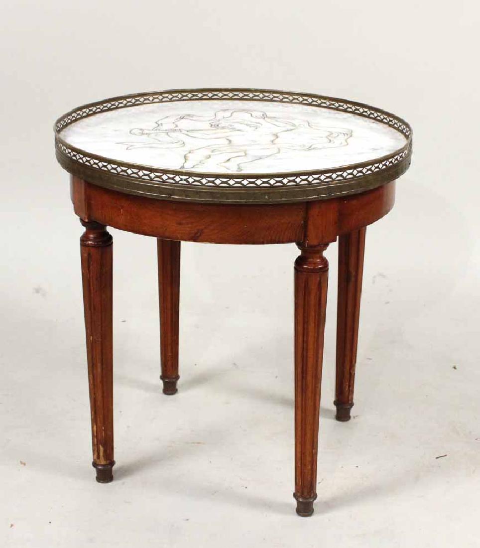 LOUIS XVI MARBLE TOP MAHOGANY GUERIDON: 20th C., marble top etched with cherub. 19-1/2"h x 19"dia.