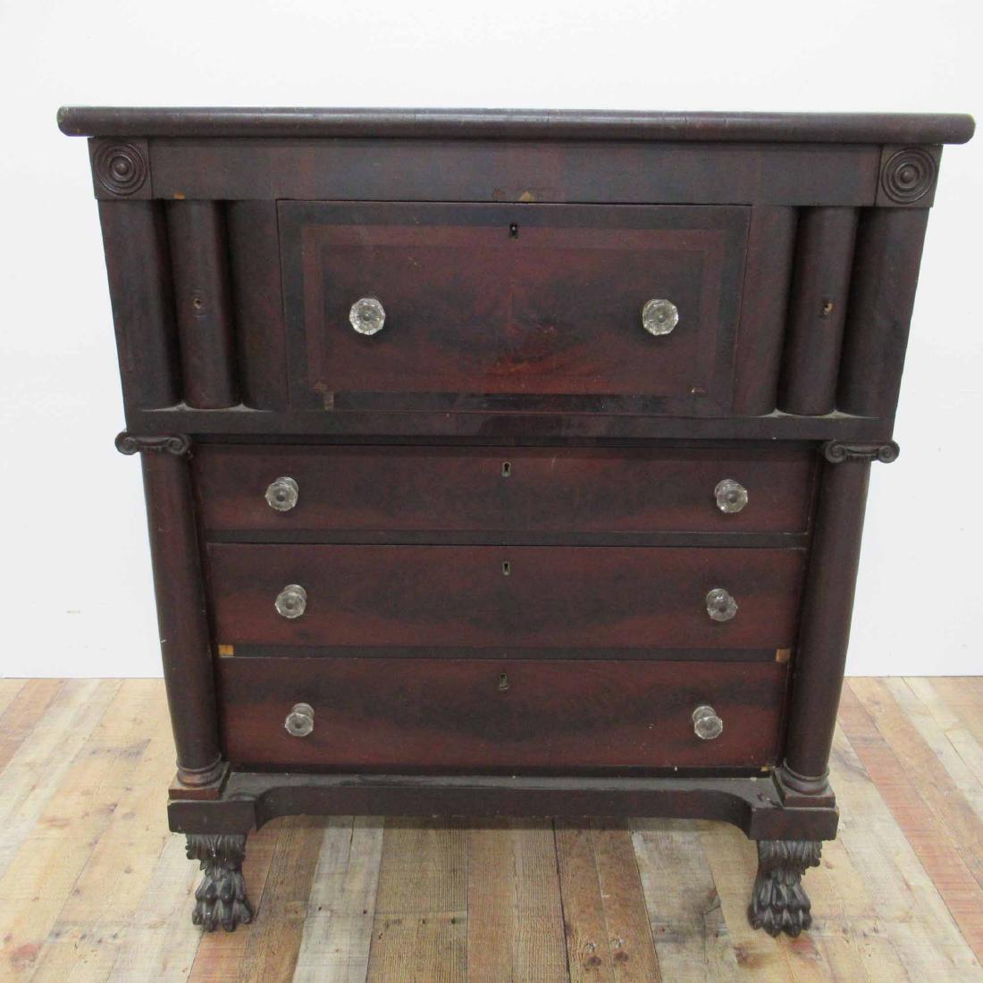 CLASSICAL CARVED MAHOGANY BUTLERS DESK: New York, Circa 1830. 4`3"h x 44" w x 24"d
