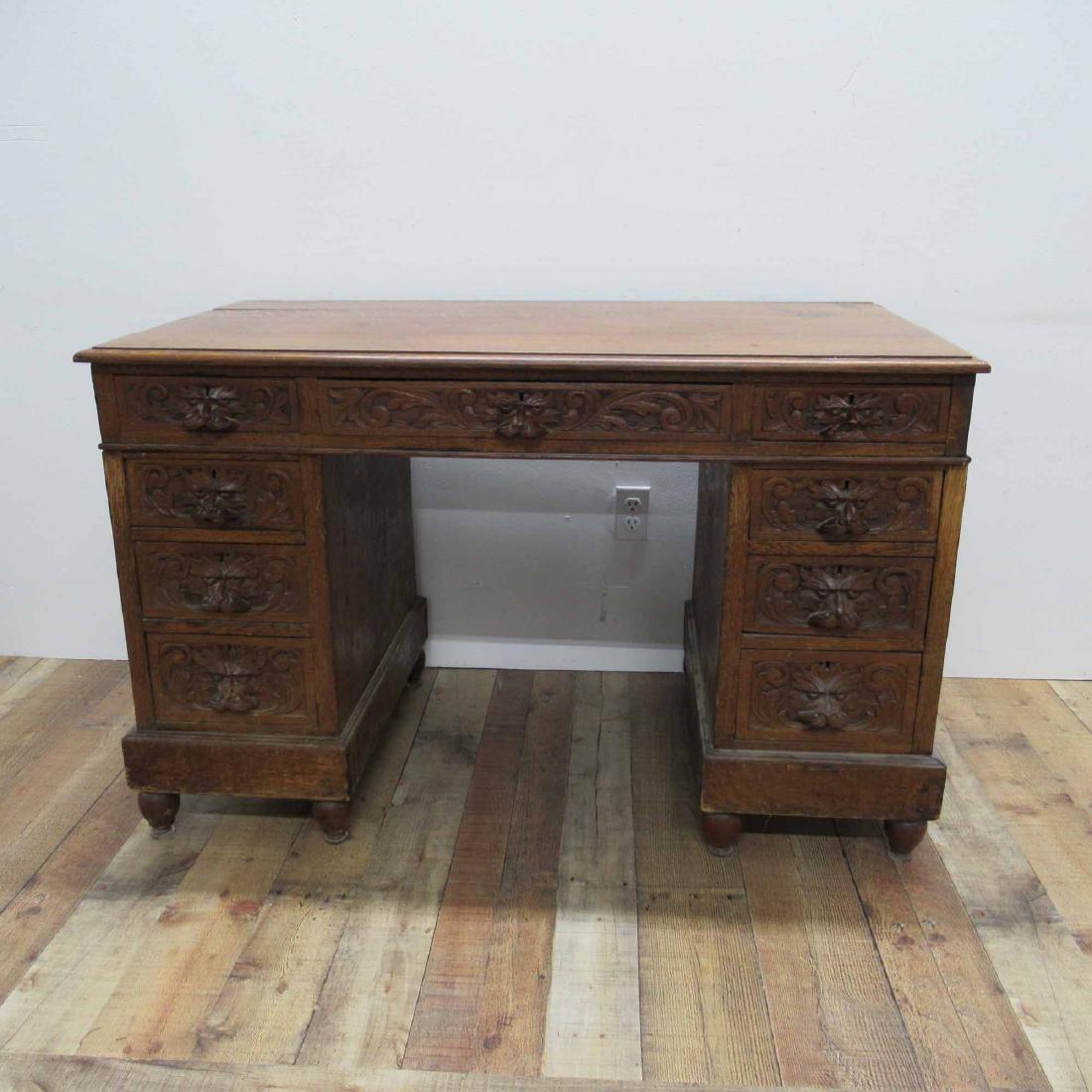 VICTORIAN CARVED OAK PEDESTAL DESK (1 of 7)