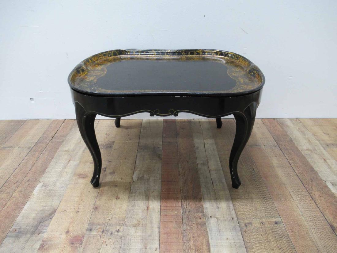 BLACK AND GILT DECORATED PAPER MACHE TRAY: With matching stand. 30" x 22 1/2" x 17" T