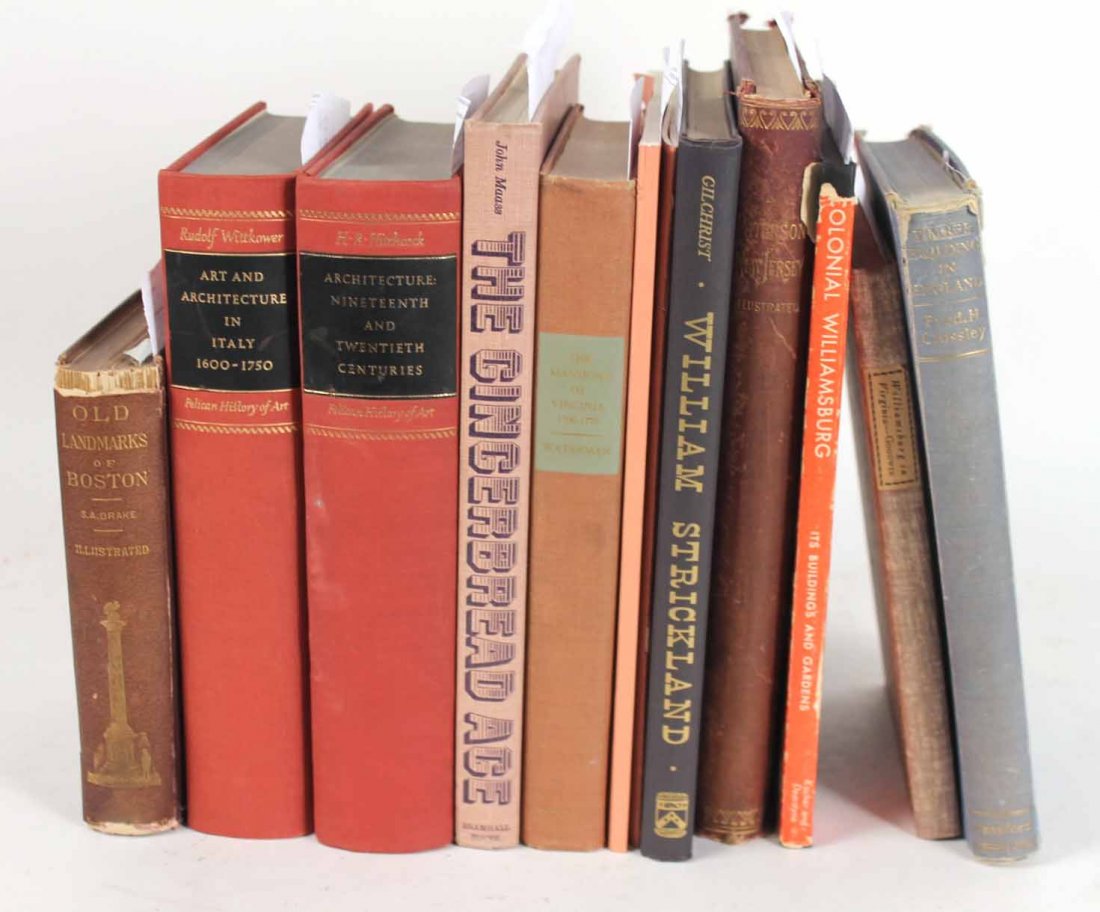 Group of Books Pertaining to Architecture: Including "Architecture Nineteenth and Twentieth Centuries", by Henry-Russell Hitchcock, "The Mansions of Virginia 1706-1776" by Thomas Tileston Waterman, "Old Landmarks and Historic Personages of Bos