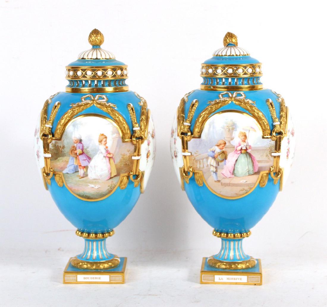 Pair of Minton Blue Gilt Ground Porcelain Urns: 19th/20thC. 12"h