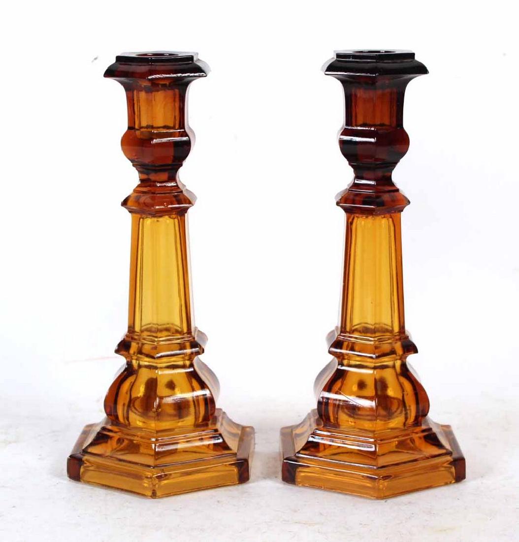 Pair of Pressed Deep Amber Candlesticks (1 of 3)