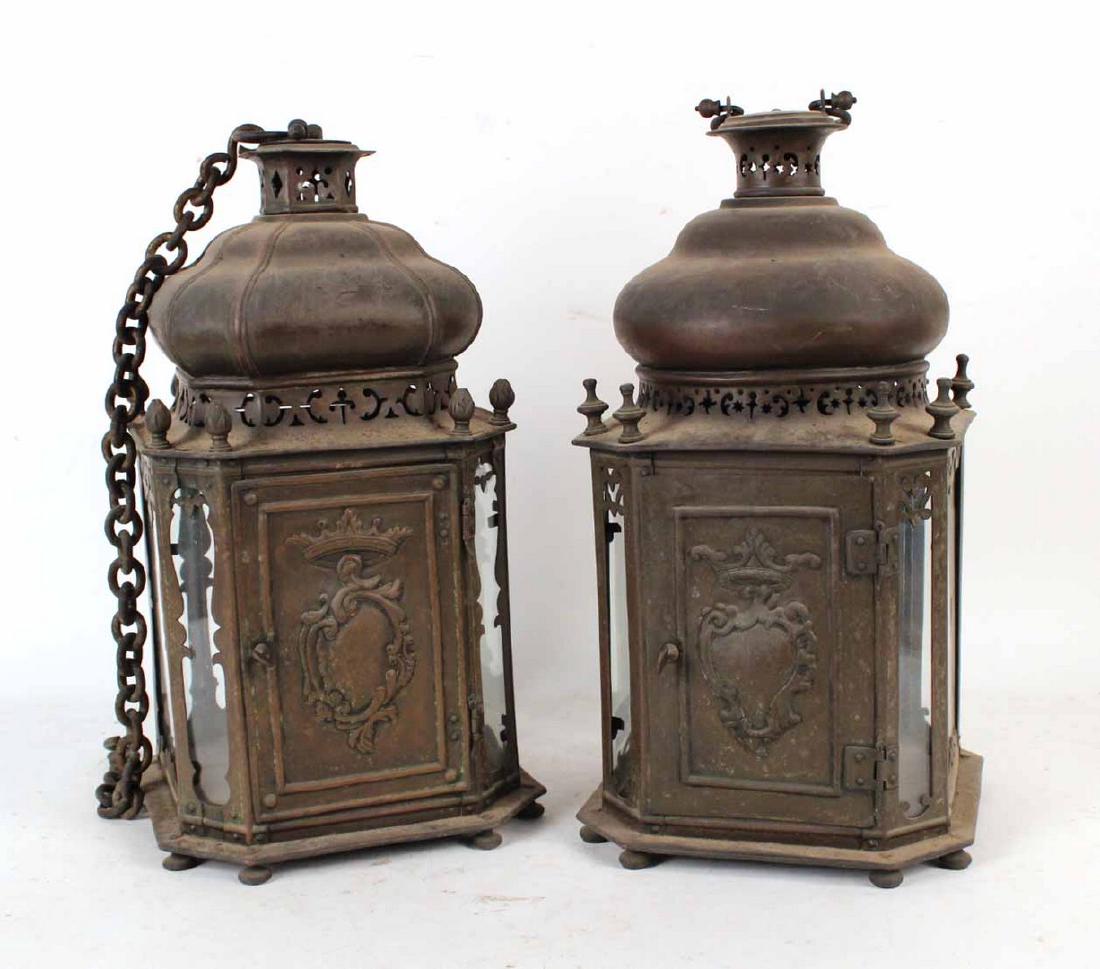 Two Brass Repousse Hanging Lanterns (1 of 3)