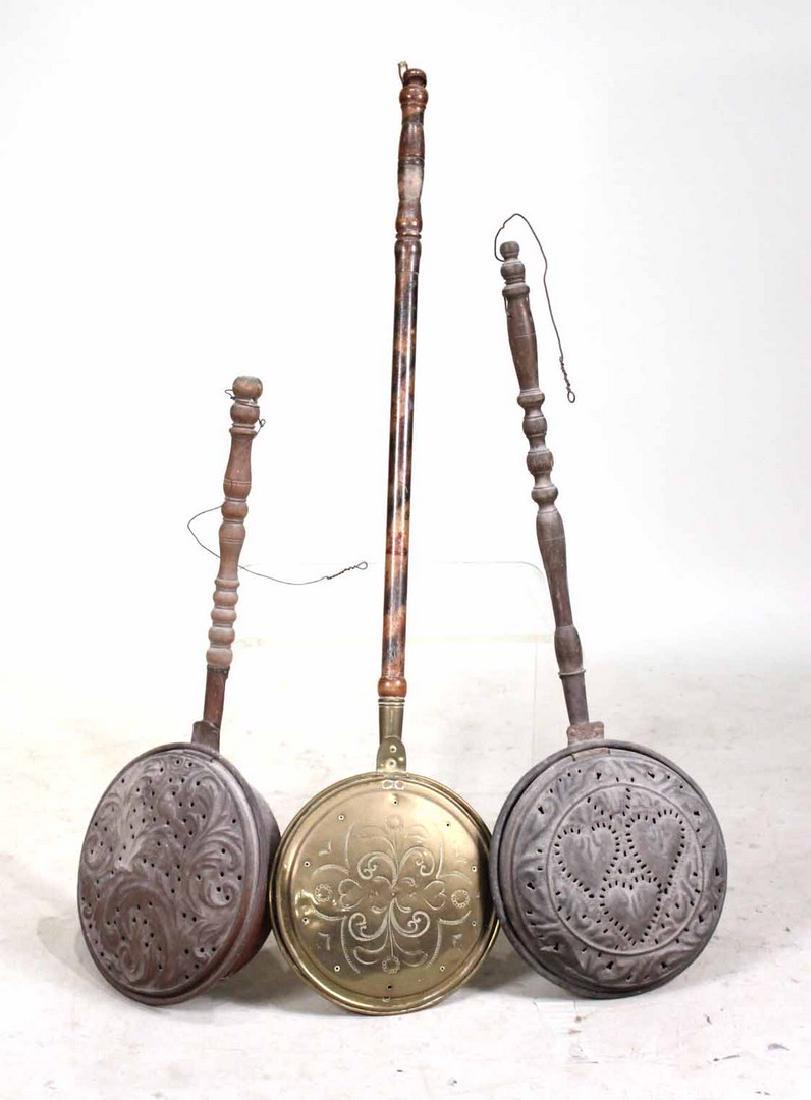 Group of Three Brass and Maple Bed Warmers (1 of 5)