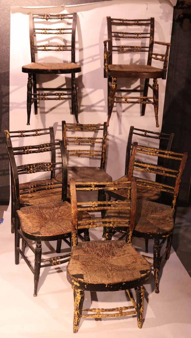 Group of Eight Black-Painted Fancy Chairs: New York or Connecticut, 19th c. Comprising six sides, one arm and one side chair reduced in height. 33 1/2"h By descent from the Estate of Robert Weeks DeForest and Emily Johnson DeForest.
