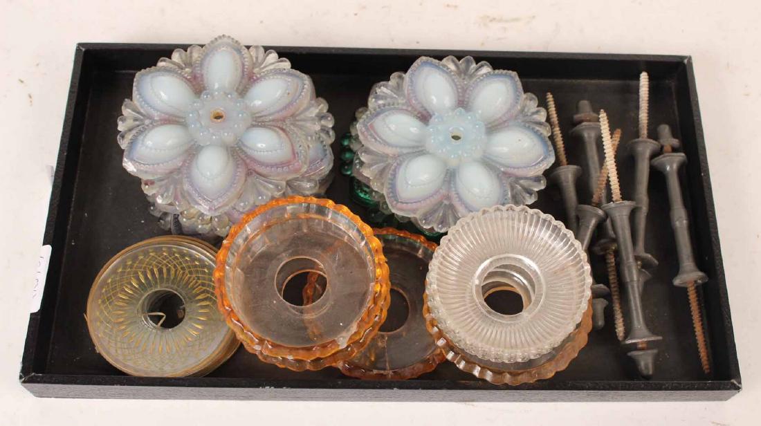 Six Sandwich Glass Opalescence Tie Backs: Together with a green tie back and a group of glass bobeshe. By descent from the Estate of robert Weeks DeForest and Emily Johnson DeForest.