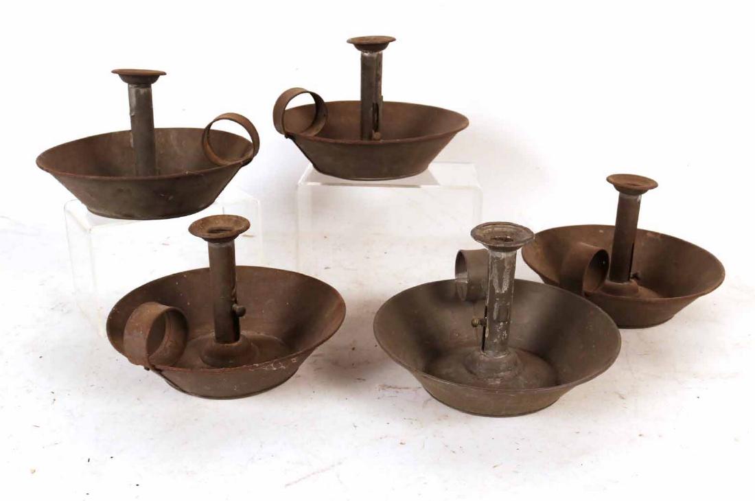 Five Tin Perry Son Push Up Chambersticks: 5"h x 8 1/2"d By descent from the Estate of Robert Weeks DeForest and Emily Johnston DeForest.
