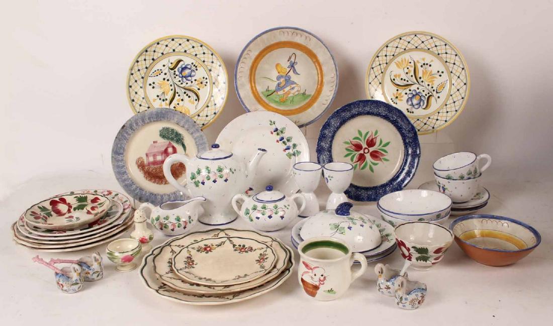 Italian Ceramic Breakfast Set for Two: Comprising teapot, sugar bowl and creamer jug, covered butter dish, two each cereal bowls and underplates, egg cups, cups and saucers and a round plate. Together with a group of Royal Doulton plates,