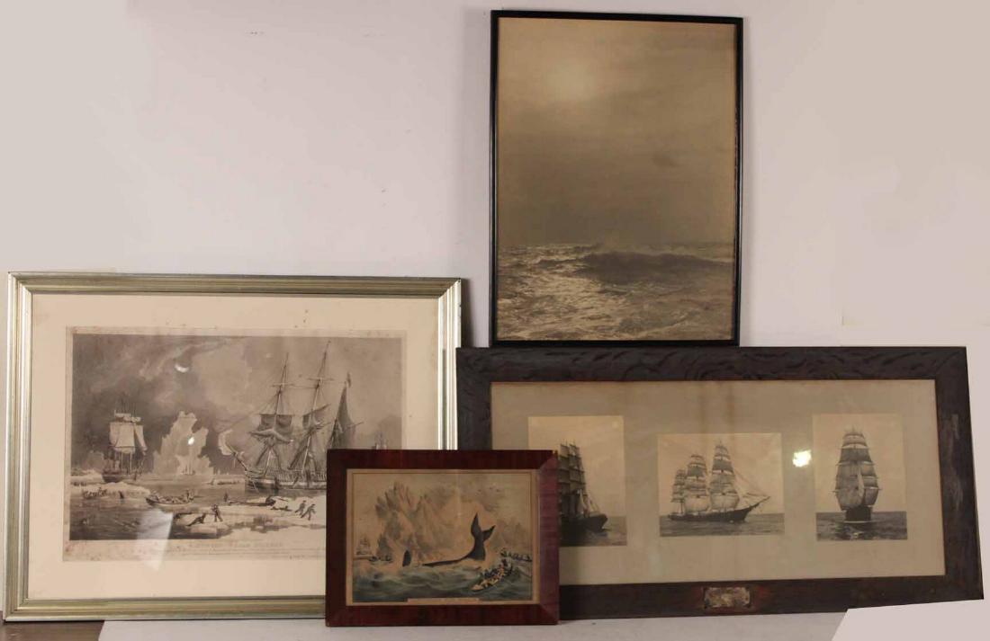 Four Maritime Photographs: Together with two maritime prints. Titled "The Majestic Main," "Northern Whale Fishery," and "Capturing the Whale." Largest 16"h x 24"w By descent from the Estate of Robert Weeks DeForest and Emily Jo