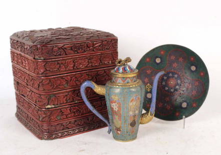 Cinnabar Bento Box: Together with a cloisonne teapot and a dish. 8"h x 8"w and 7"h By descent from the Estate of robert Weeks DeForest and Emily Johnson DeForest.