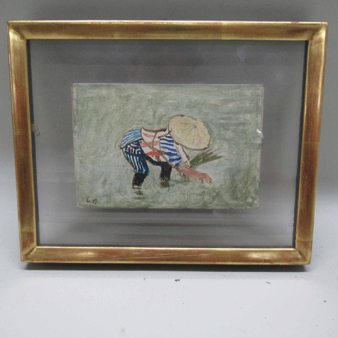 OIL ON CANVAS BOARD OF RICE FIELD: Signed on lower left G.57. Maurice Grosser. Framed size 7 3/4" x 8 1/2"