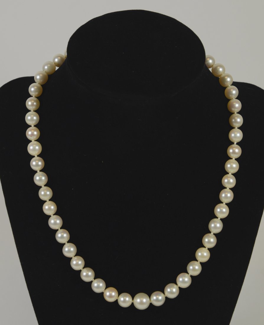 8MM Cultured Pearl Necklace: With 14K yellow & white gold clasp. 17.5"l. From The Personal Property of Claus & Irma Vollrath.